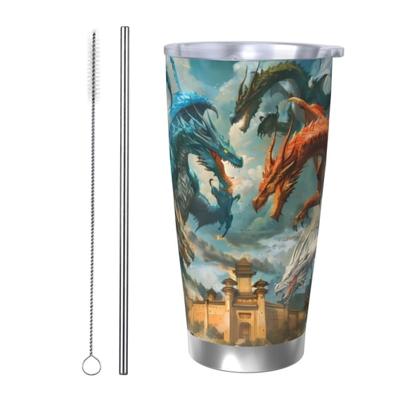 Rateoe Red Blue Dragon Battle Epic Printed Car Guy Gifts for Men Women Tumbler - 20oz/590ml Vacuum Insulated Stainless Steel Travel Tumbler Cups with Lid & Straw-Straw Two-piece Set