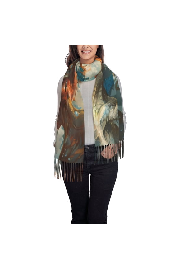 Red Blue Dragon Battle Epic Women's Traditional Scarf Wrap Tassel Shawl Fringes Neck Head Shawl Retro Scarf