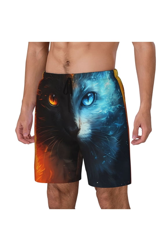 Red And Blue Fire Cat Pattern Men’s Swim Shorts with Compression Liner – Double-Layered Quick-Dry Swimwear, Comfortable & Stretchy Beach Shorts-Large