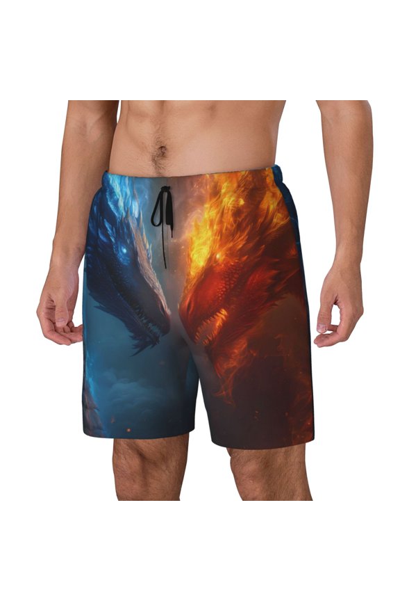 Red And Blue Fire Dragon E Pattern Men’s Swim Shorts with Compression Liner – Double-Layered Quick-Dry Swimwear, Comfortable & Stretchy Beach Shorts-Medium