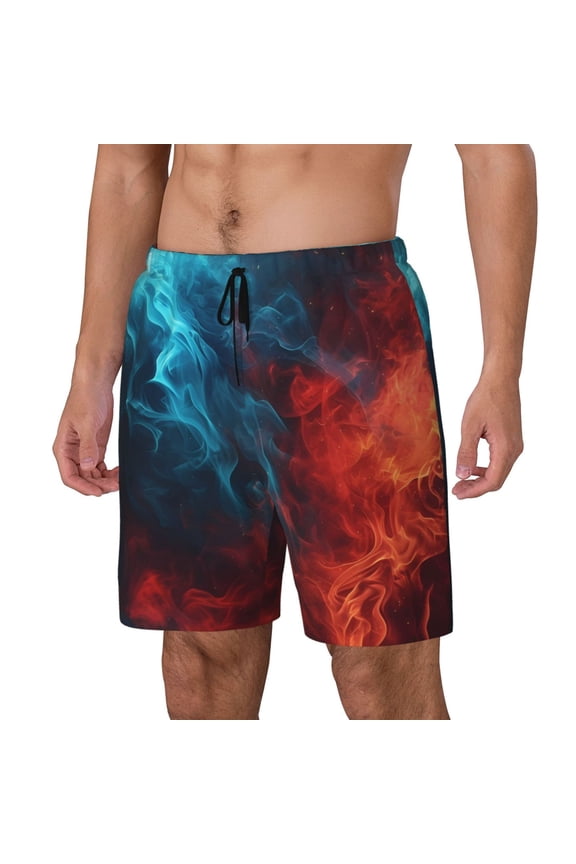 Red And Blue Fire Pattern Men’s Swim Shorts with Compression Liner – Double-Layered Quick-Dry Swimwear, Comfortable & Stretchy Beach Shorts-Small