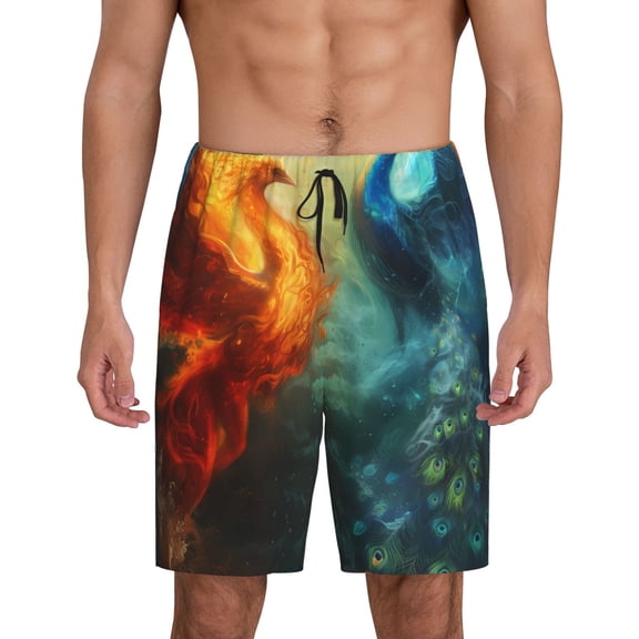 Rateoe Red And Blue Fire Peacock Print Men's Lounge Shorts – Soft & Breathable Pajama Bottoms with Pockets, Elastic Waistband, Lightweight Sleepwear for Nightwear & Loungewear-X-Large
