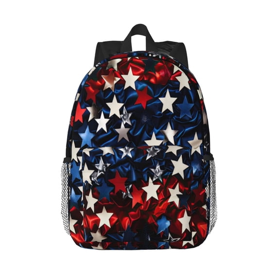Rateoe Red Blue White Stars Pattern Student Backpack Water-resistant Backpack 15-inch Laptop Backpack Lightweight Adjustable School Backpack