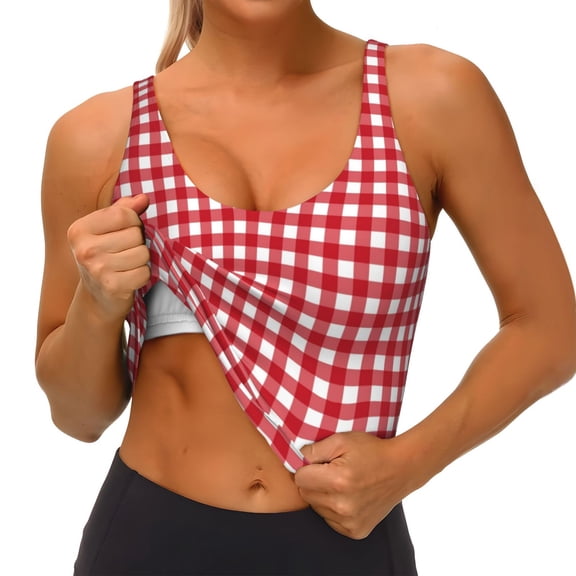 Rateoe Red Checkboard Print Womens' Sports Bras Scoop Neck Sports Vest- Padded U Back Seamless High Impact Support