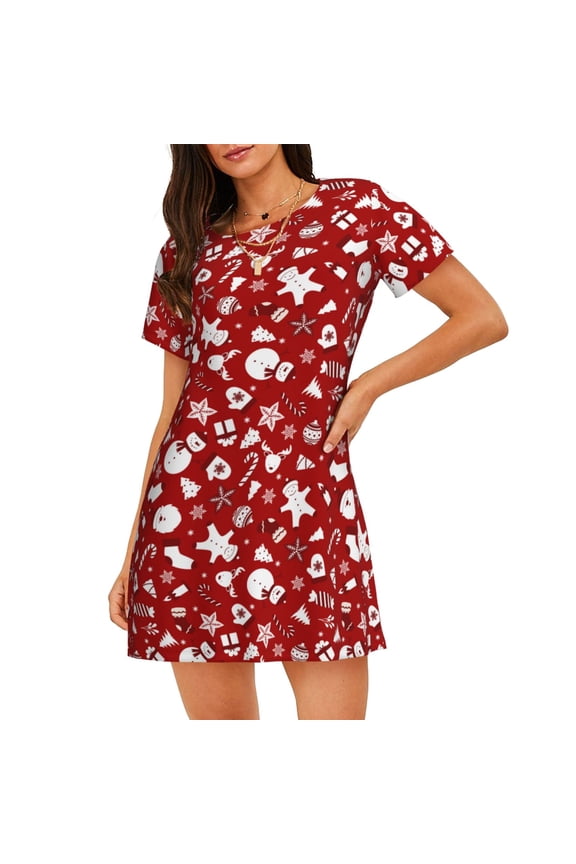 Red Christmas Cheer. Print Women’s Nightdress – Cozy Cotton Short-sleeved Sleep Shirt, Loose-Fit Sleepwear, Perfect for Relaxing and Sleeping