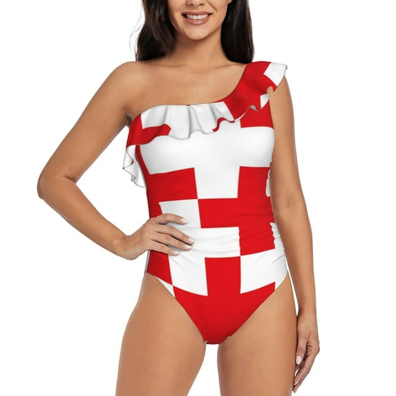 Rateoe Red Cross 1 Pattern Women One Piece Swimsuits Tummy Control One Shoulder Bathing Suits Ruffle Swimwear-Large