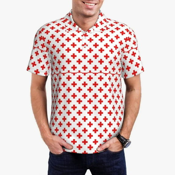 Rateoe Red Cross Pattern Men's Short Sleeve Polo Shirts, Golf Polo Shirts Short Sleeve Performance Moisture Wicking Dry-Medium