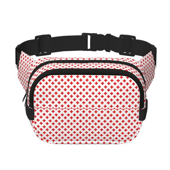 Rateoe Red Cross Print Fanny Pack Belt Bag for Women and Men, Square Double-Layer Waterproof Waist Pack with Adjustable Strap for Hiking, Jogging, Cycling