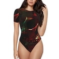 thumbnail image 1 of Rateoe Red Dark Skull Abstract Printed Women Rash Guard Short Sleeve,Tummy control Swimsuit Surfing Swimsuit Bathing Suit Short-sleeved Onesie UPF 50+ -Small, 1 of 7