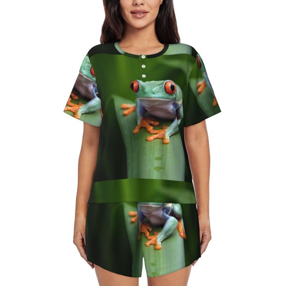 Rateoe Red-Eyed Tree Frog Pattern Women's Short-Sleeved Pajama Set - 2 Piece Soft and Lightweight Sleepwear Set-3X-Large