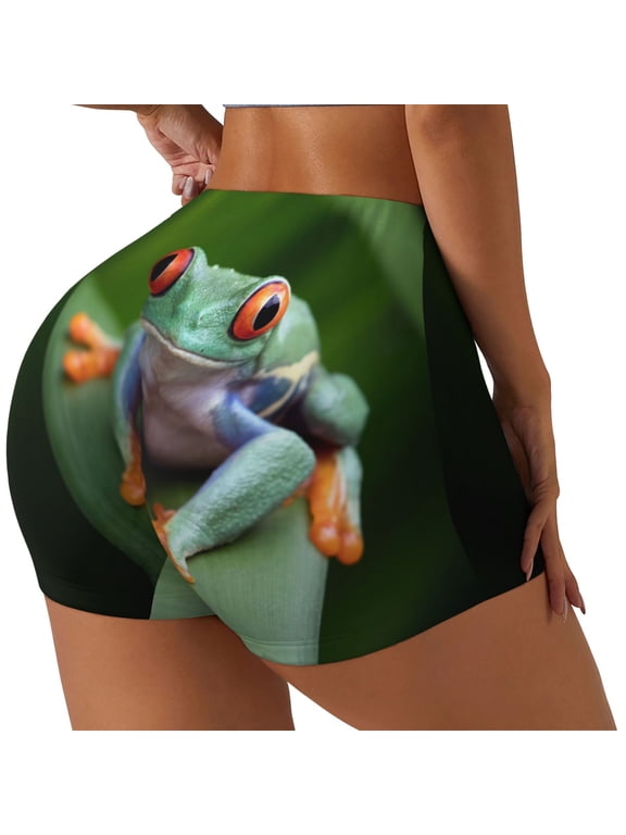 Red-Eyed Tree Frog Printed Power Workout Shorts for Women Tummy Control Squat Proof Ribbed Thick Seamless Scrunch Active Short-X-Large
