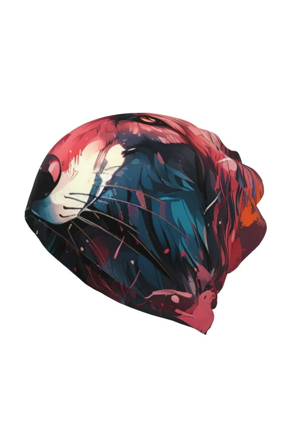 Red Flame Wolf Head Cotton Slouchy Beanie Hat for Men/Women,Lightweight Oversize Large Thin Skull Cap Night Sleeping Cap
