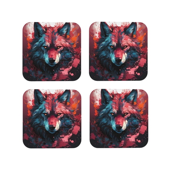 Rateoe Red Flame Wolf Head Drawing Drink Coasters Set of 4 Leather Coasters Spill Protection for Table Desk,Durable and Non Slip Leather Coaster ,4 Inches Drink Mats-Square
