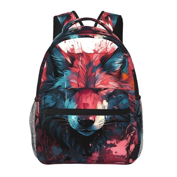 Rateoe Red Flame Wolf Head Pattern Casual Backpack for School, Work, Travel Adjustable Straps, Multiple Compartments Ergonomic Design, Fits Laptops and Tablets