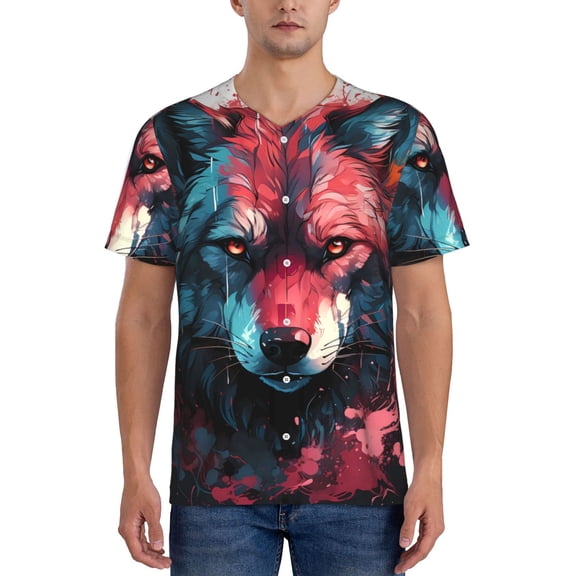 Rateoe Red Flame Wolf Head Pattern Men’s Baseball Short Sleeve Polo Shirt, Midweight Men's Shirt Golf Shirt Polo Shirts Quick Dry Short-Medium