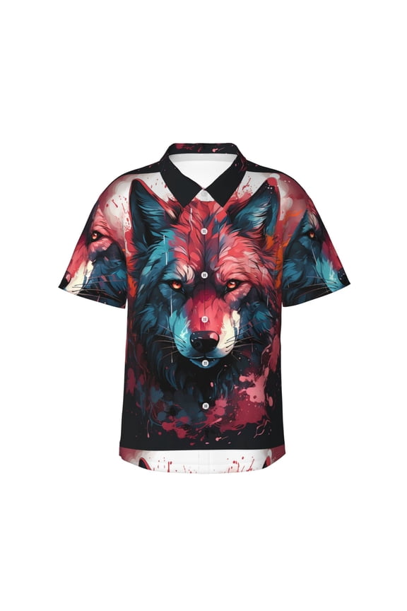 Red Flame Wolf Head Pattern Mens Hawaiian Shirt  Short Sleeve Button-Down Tropical Beach Shirt, Lightweight & Breathable Casual Aloha Shirt with Pocket,