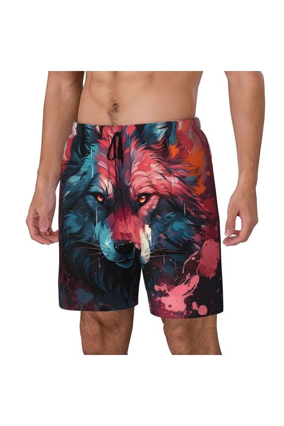 Red Flame Wolf Head Pattern Men’s Swim Shorts with Compression Liner – Double-Layered Quick-Dry Swimwear, Comfortable & Stretchy Beach Shorts-X-Large