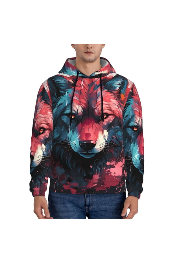 Red Flame Wolf Head Pattern Mens Hoodie, Pullover Hooded Sweatshirt, Kangaroo Pocket Hoodie Ideal for Daily Wear, Travel and Home-Large