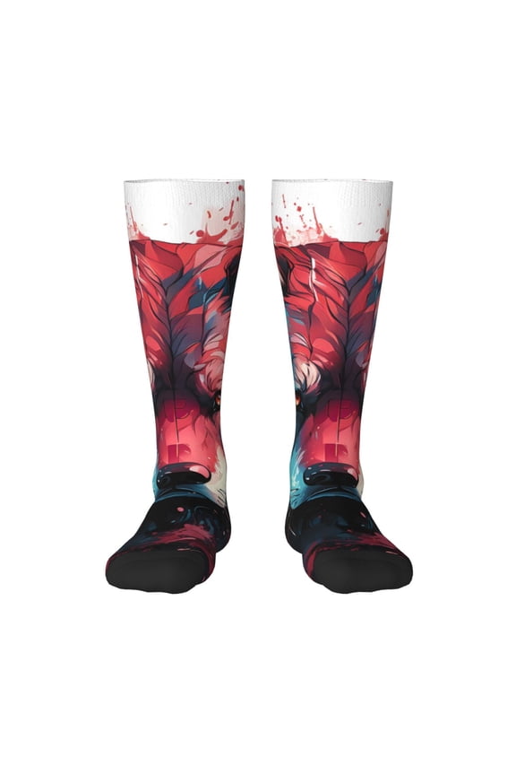Red Flame Wolf Head Pattern Women’s Knee High Crew Socks,Trouser Socks Comfortable, Breathable, Moisture-Wicking and Soft