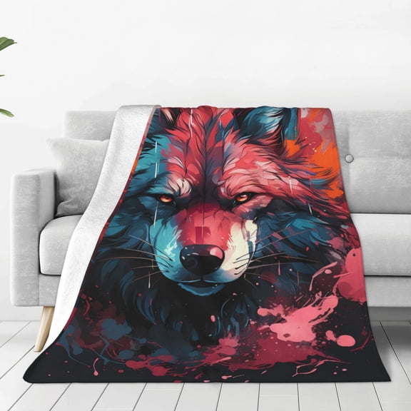 Rateoe Red Flame Wolf Head Print Fuzzy Fleece Throw Blanket Extra Large,Super Soft,Fluffy and Warm Blankets for Couch,Bed,All Season Use (60"x50")