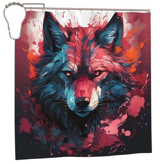 Rateoe Red Flame Wolf Head Shower Curtain - Fancy Bathroom Shower Curtain Sets - Waterproof Shower Curtain with Hooks with 12 Plastic Hooks 72x72 Inches