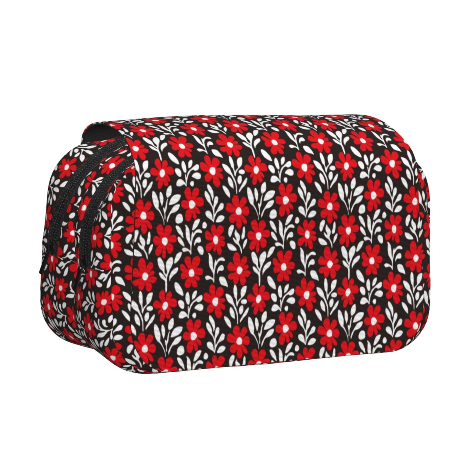 Rateoe Red Floral Pattern Double Clamshell Pen Case, Storage Organizer with Two Zipper Compartments– Holds Up to 50 Pencils & Pens
