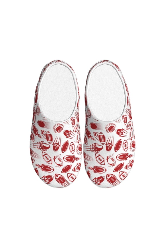 Red Football Print Women's Men's Cotton Knit Slippers Lightweight Memory Foam Indoor House Shoes with Anti-Skid Sole-42/43