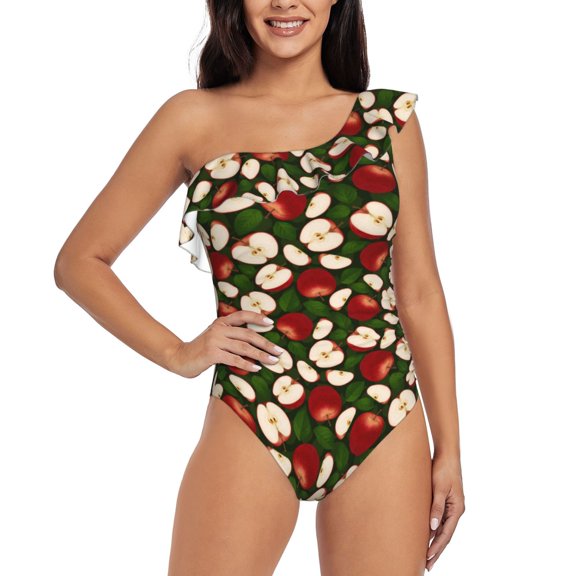Rateoe Red Fruit Pattern Women One Piece Swimsuits Tummy Control One Shoulder Bathing Suits Ruffle Swimwear-Small