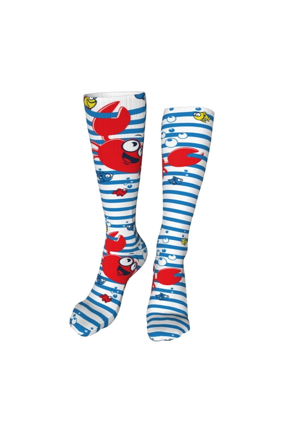 Red Funny Crab on Blue Stripe print Women's Men's Novelty 20in Crew Socks Cotton Socks Knee High Socks for Walking,Running,Nurses,Pregnancy-One Size