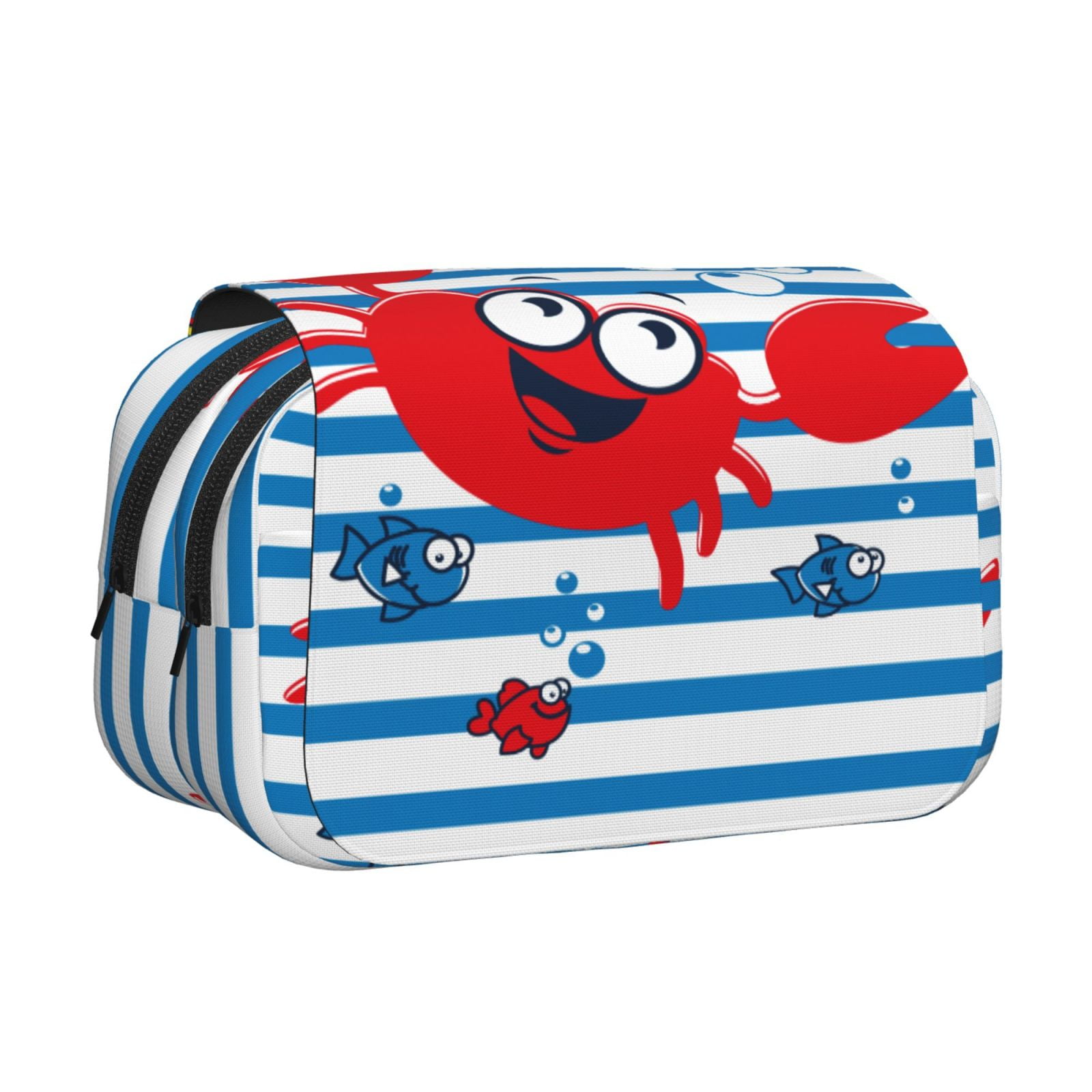 Rateoe Red Funny Crab on Blue Stripe Pattern Double Clamshell Pen Case, Storage Organizer with Two Zipper Compartments– Holds Up to 50 Pencils & Pens