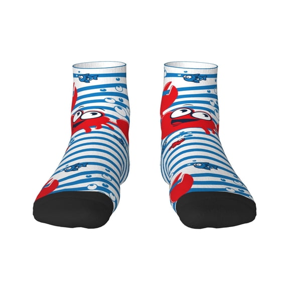 Rateoe Red Funny Crab on Blue Stripe Pattern Quarter Crew Socks,Toe Seamed Ankle Socks,Cotton Cushioned Breathable Athletic Crew Sports Socks