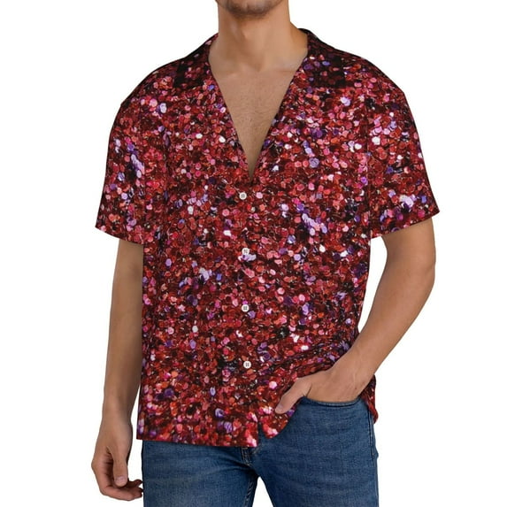 Rateoe Red Glitter Pattern Men's Short Sleeve Classic Shirt, Casual Short-Sleeved Shirt, Lightweight Summer Shirt, Cuban Collar Shirt,Button-Front Shirt-4X-Large