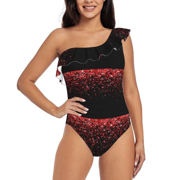 Rateoe Red Glitter1 Pattern Women One Piece Swimsuits Tummy Control One Shoulder Bathing Suits Ruffle Swimwear-