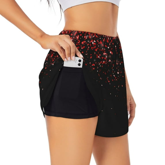 Rateoe Red Glitter1 Printed 2 in 1 Women's Workout Shorts for Athletic Gym Running Shorts with Phone Pockets-Large