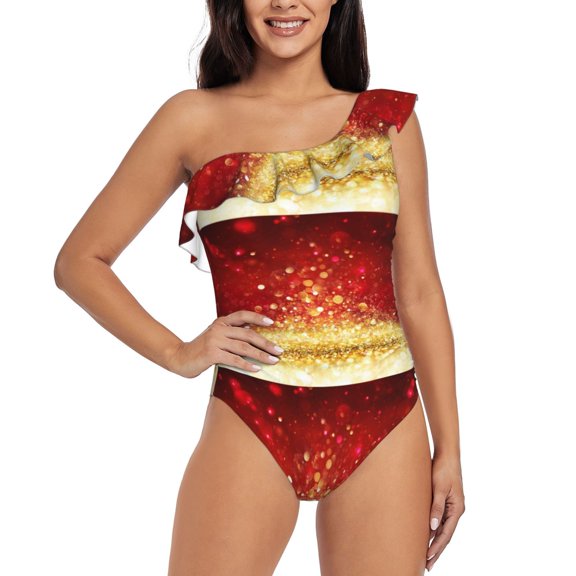 Rateoe Red Gold Glitter Pattern Women One Piece Swimsuits Tummy Control One Shoulder Bathing Suits Ruffle Swimwear-XX-Large