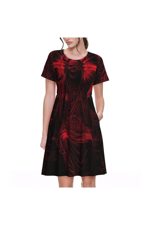 Red Gothic Skeleton Throne Pattern Women’s Short Sleeve Dress – Casual Elegant Summer A-Line Dress for Everyday Wear