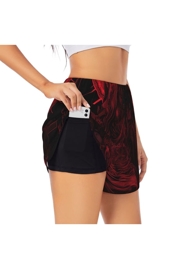 Red Gothic Skeleton Throne Printed 2 in 1 Women's Workout Shorts for Athletic Gym Running Shorts with Phone Pockets-