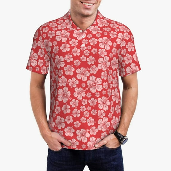 Rateoe Red Hibiscus Flower Pattern Men's Short Sleeve Polo Shirts, Golf Polo Shirts Short Sleeve Performance Moisture Wicking Dry-X-Large