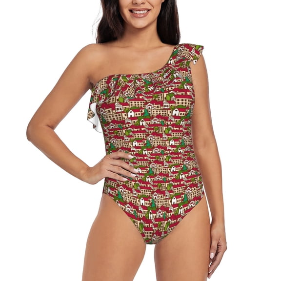 Rateoe Red Houses Pattern Women One Piece Swimsuits Tummy Control One Shoulder Bathing Suits Ruffle Swimwear-