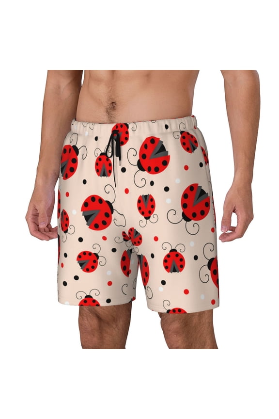 Red Ladybug Pattern Men’s Swim Shorts with Compression Liner – Double-Layered Quick-Dry Swimwear, Comfortable & Stretchy Beach Shorts-Small