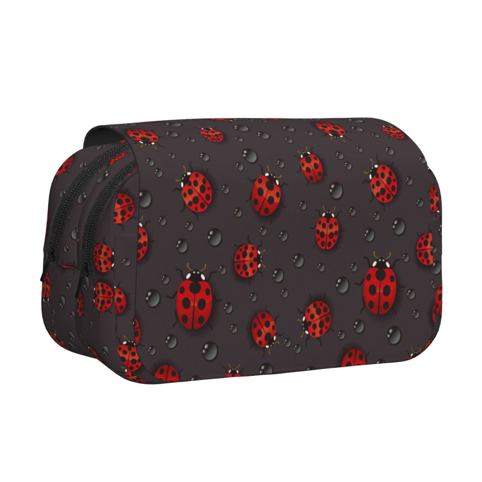 Rateoe Red Ladybugs On Dark Background Pattern Double Clamshell Pen Case, Storage Organizer with Two Zipper Compartments– Holds Up to 50 Pencils & Pens
