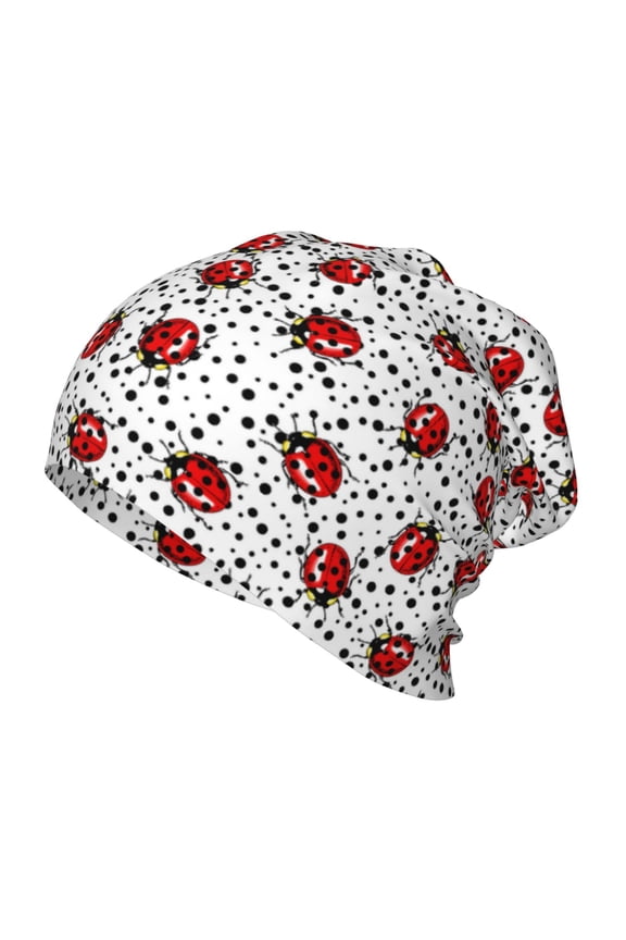 Red Ladybugs On Black Dotted Kids Beanie Warm Knit Beanie Hats Boys Girls Winter Hat Soft Slouchy Hats for Kids