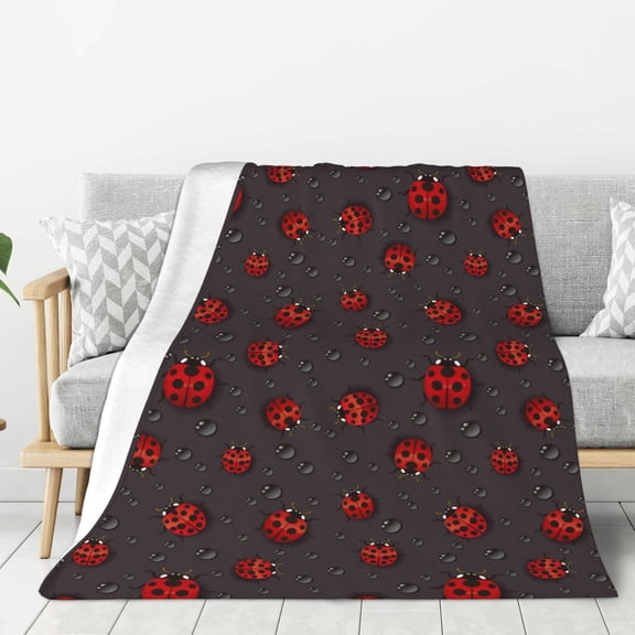 Rateoe Red Ladybugs On Dark Background Pattern Flannel Throw Blanket, Ultra-soft Blanket for Bed, Couch, Car, Hypoallergenic Anti-pilling blanket-80"x60"(Vertical)