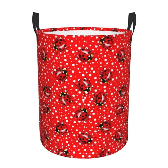 Rateoe Red Ladybugs On White Dotted Pattern Round Laundry Hamper Basket, Tall Hamper Basket for Blanket Storage, Nursery Clothes Hamper for Laundry in Bedroom and College Dorm-