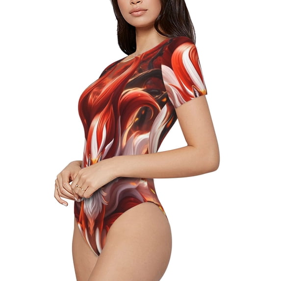 Rateoe Red Leaf Flame Fox Printed Women Rash Guard Short Sleeve,Tummy control Swimsuit Surfing Swimsuit Bathing Suit Short-sleeved Onesie UPF 50+