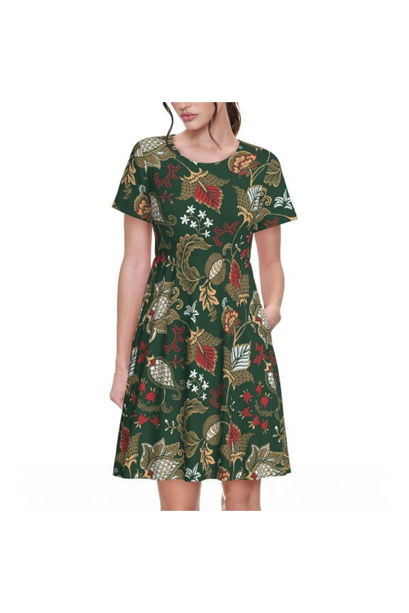 Red Leaves Pattern Women’s Short Sleeve Dress – Casual Elegant Summer A-Line Dress for Everyday Wear