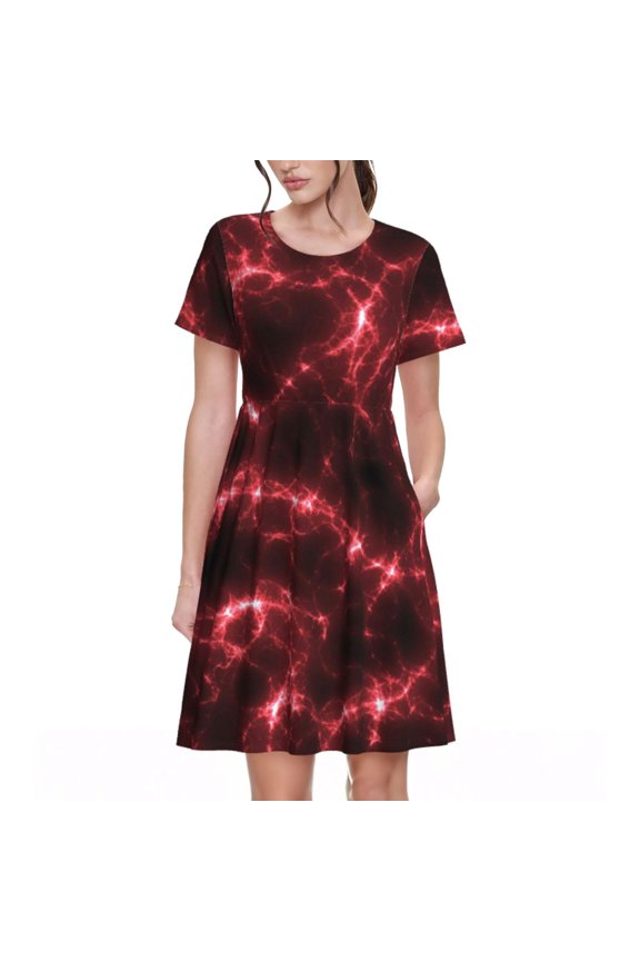 Red Line Pattern Women’s Short Sleeve Dress – Casual Elegant Summer A-Line Dress for Everyday Wear