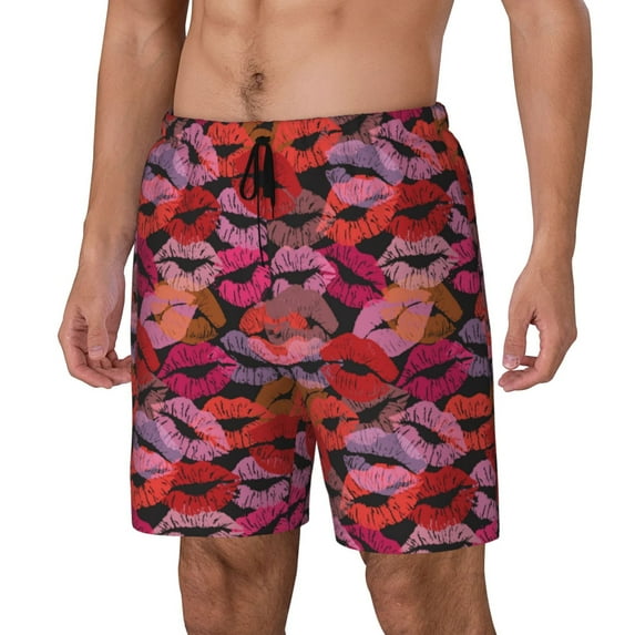 Rateoe Red Lips Kissing Pattern Men’s Swim Shorts with Compression Liner – Double-Layered Quick-Dry Swimwear, Comfortable & Stretchy Beach Shorts-Medium