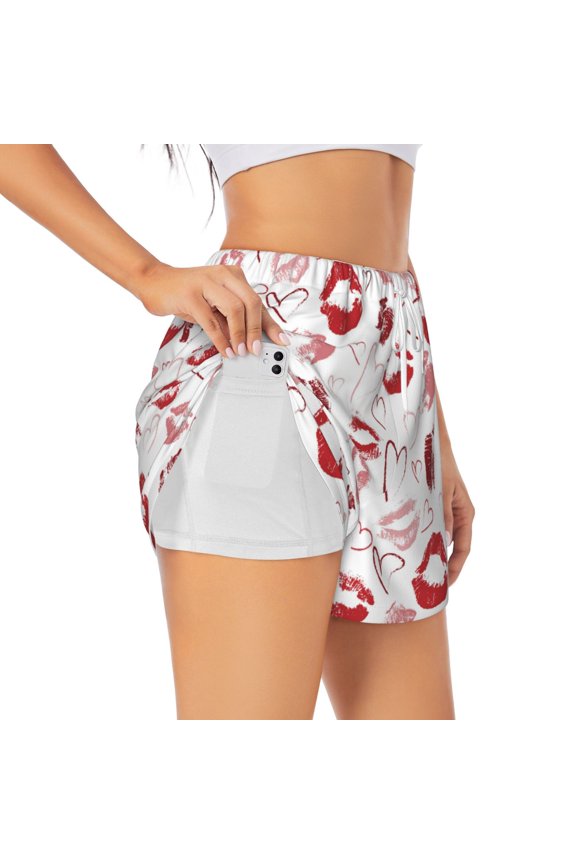 Red Lips Printed 2 in 1 Women's Workout Shorts for Athletic Gym Running Shorts with Phone Pockets-XX-Large