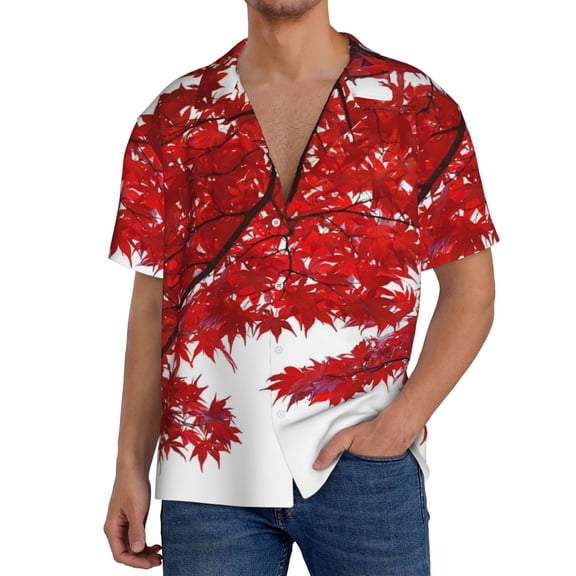 Rateoe Red Maple Leaf Print Mens Front Pocket Hawaiian Shirts Casual Shirts Short Sleeve Button Down Beach Tropical Shirts-XX-Large
